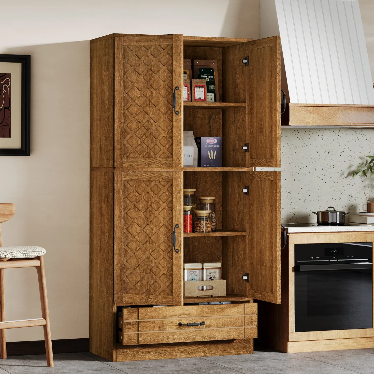 70" Bakers' Rack, Rustic Kitchen Pantry Cabinet with Doors and Drawer