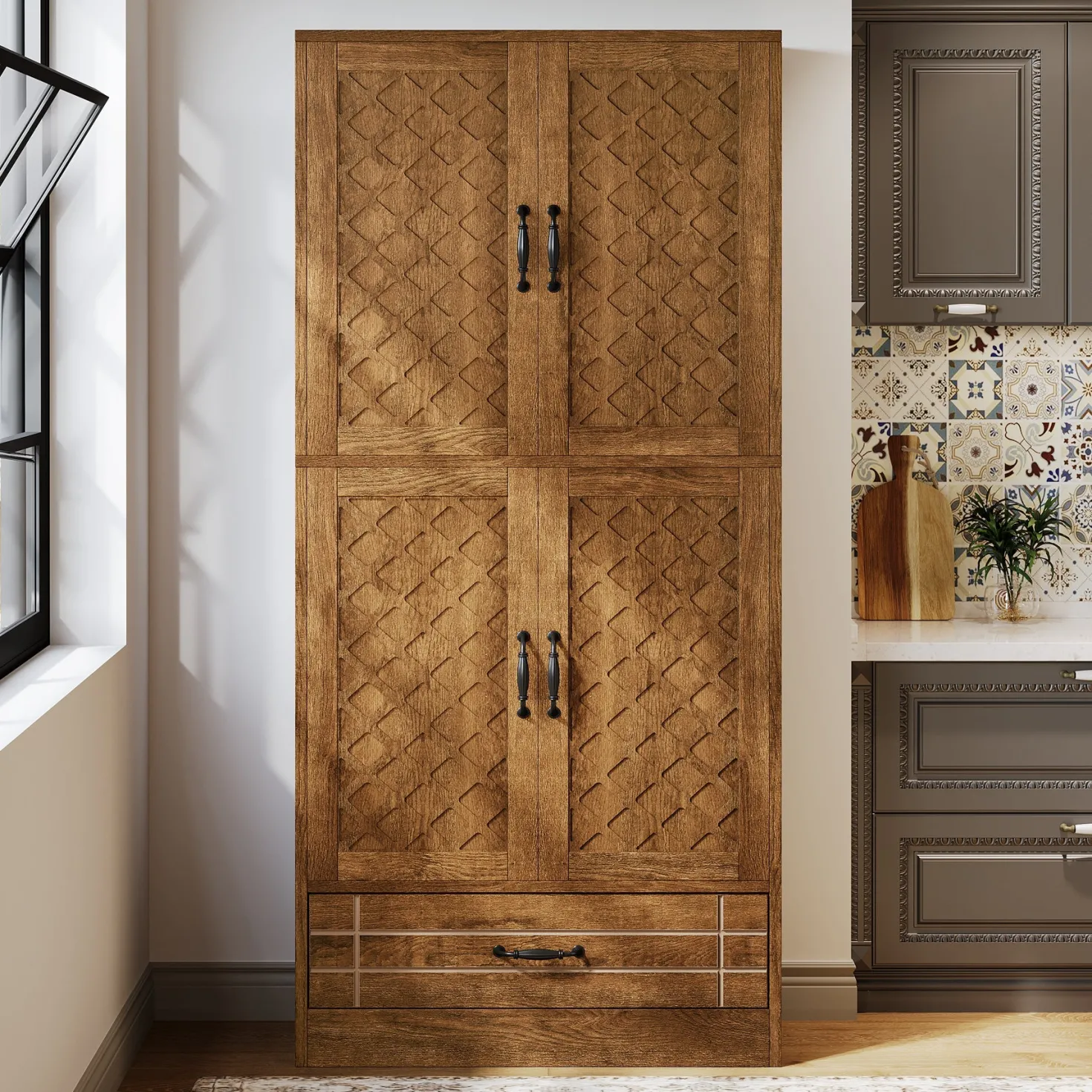 70" Bakers' Rack, Rustic Kitchen Pantry Cabinet with Doors and Drawer