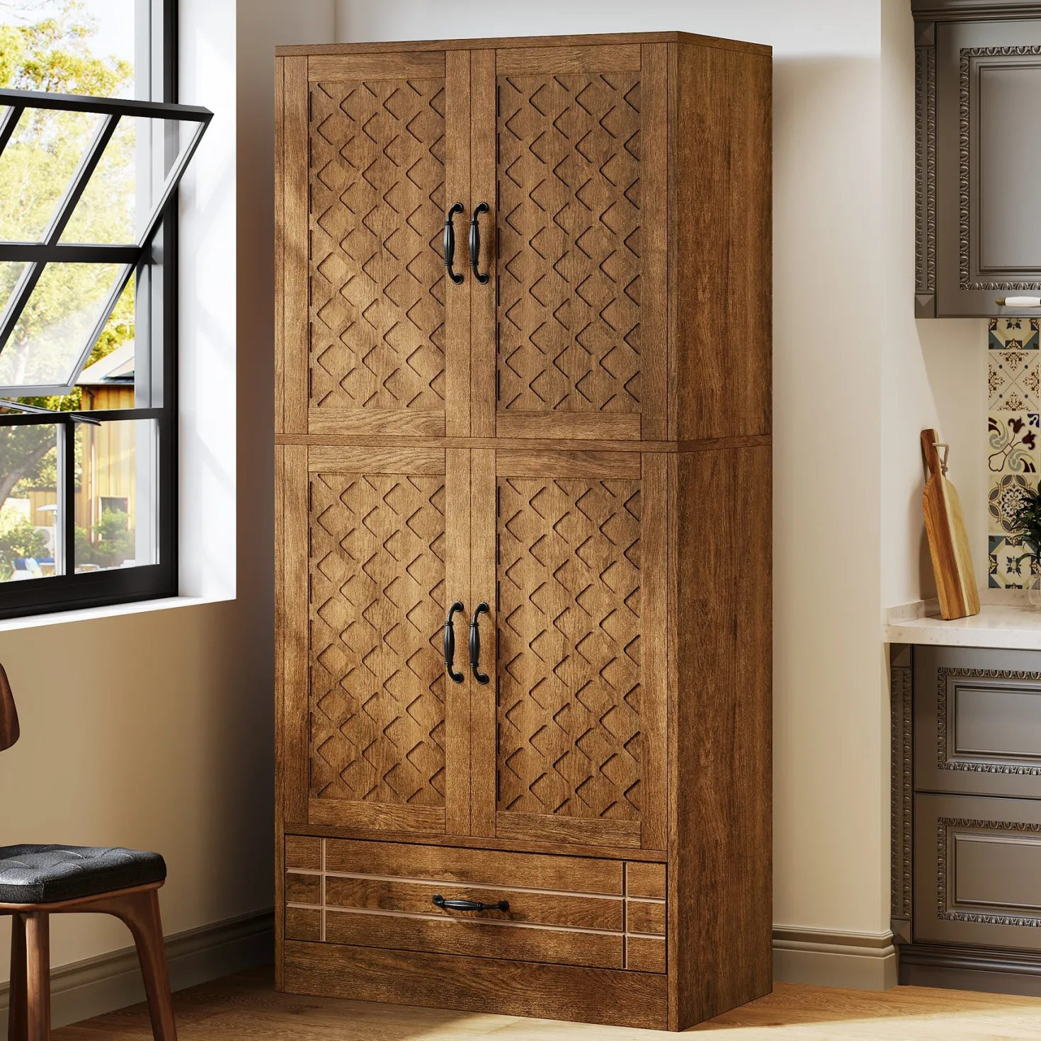70" Bakers' Rack, Rustic Kitchen Pantry Cabinet with Doors and Drawer