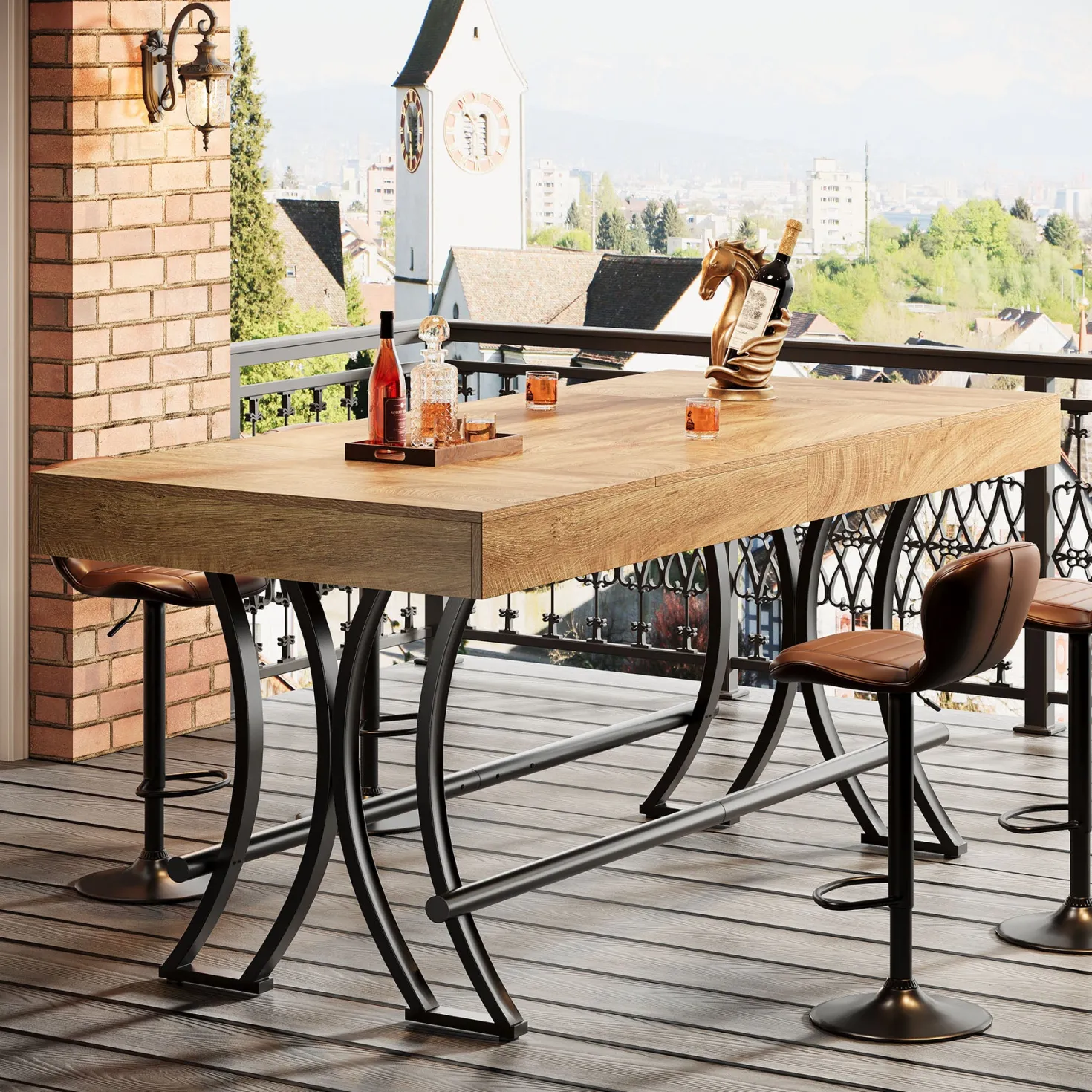 63" Bar Pub Table, Counter Height Kitchen Dining Table with Metal Footrest