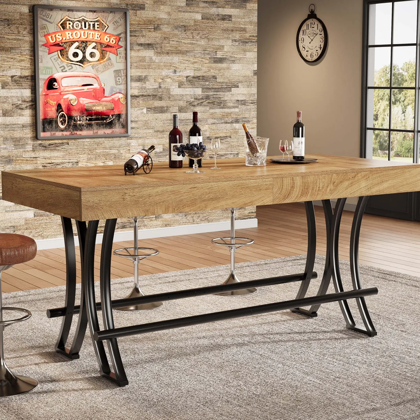 63" Bar Pub Table, Counter Height Kitchen Dining Table with Metal Footrest
