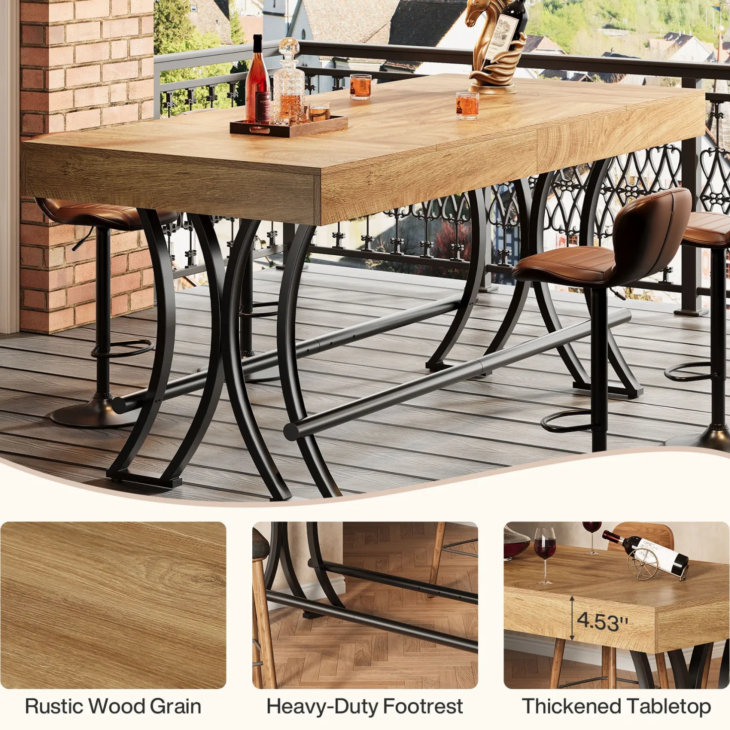 63" Bar Pub Table, Counter Height Kitchen Dining Table with Metal Footrest