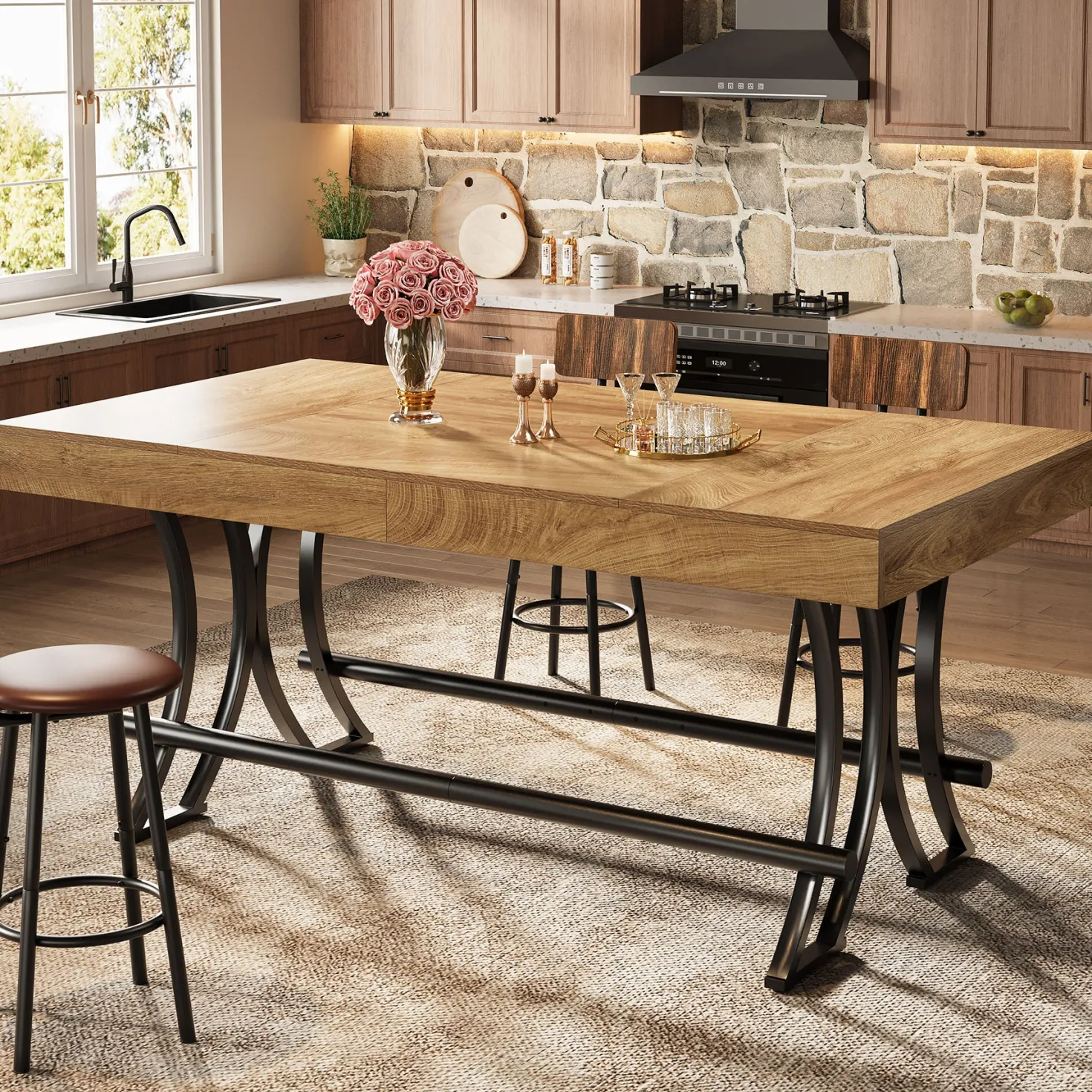 63" Bar Pub Table, Counter Height Kitchen Dining Table with Metal Footrest