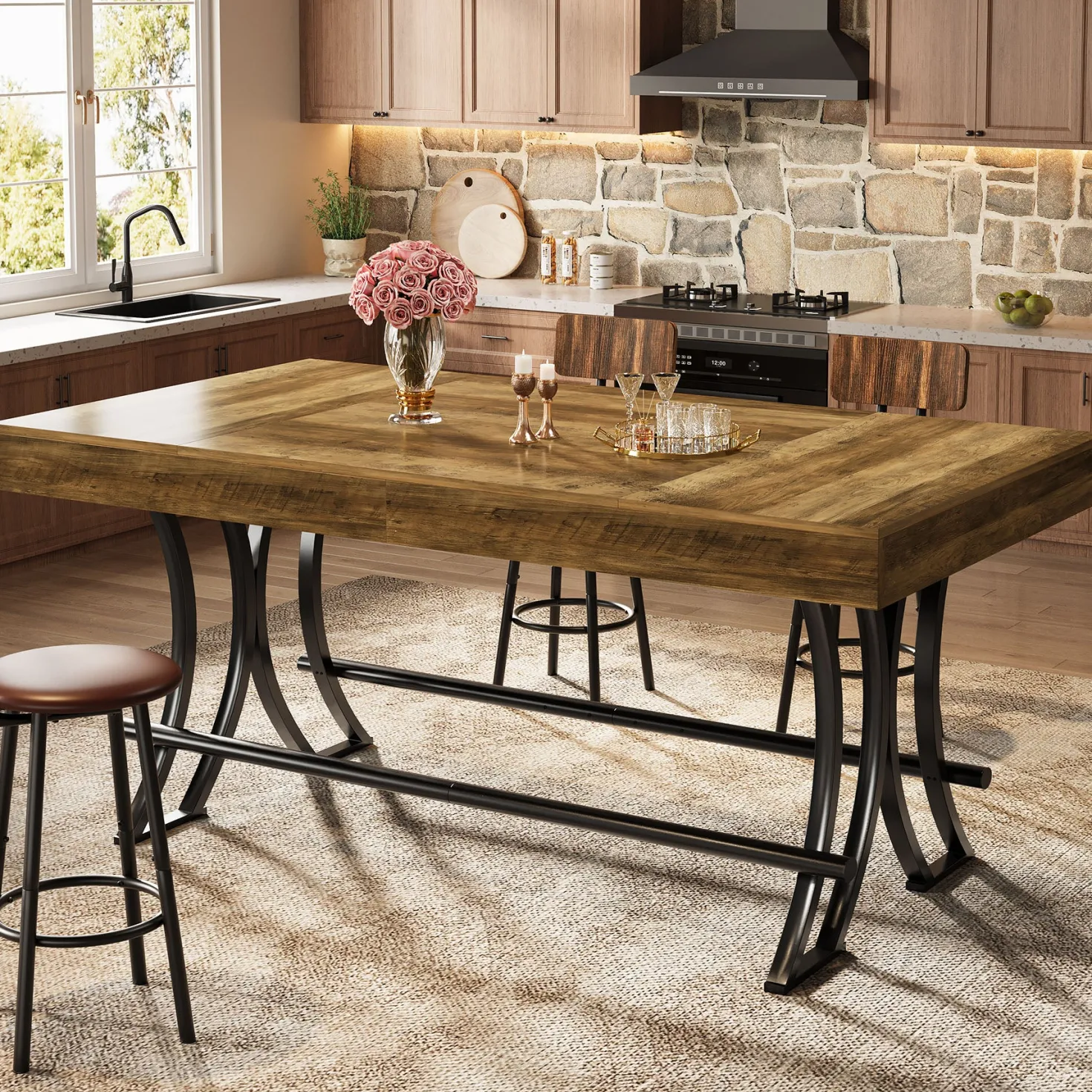 63" Bar Pub Table, Counter Height Kitchen Dining Table with Metal Footrest