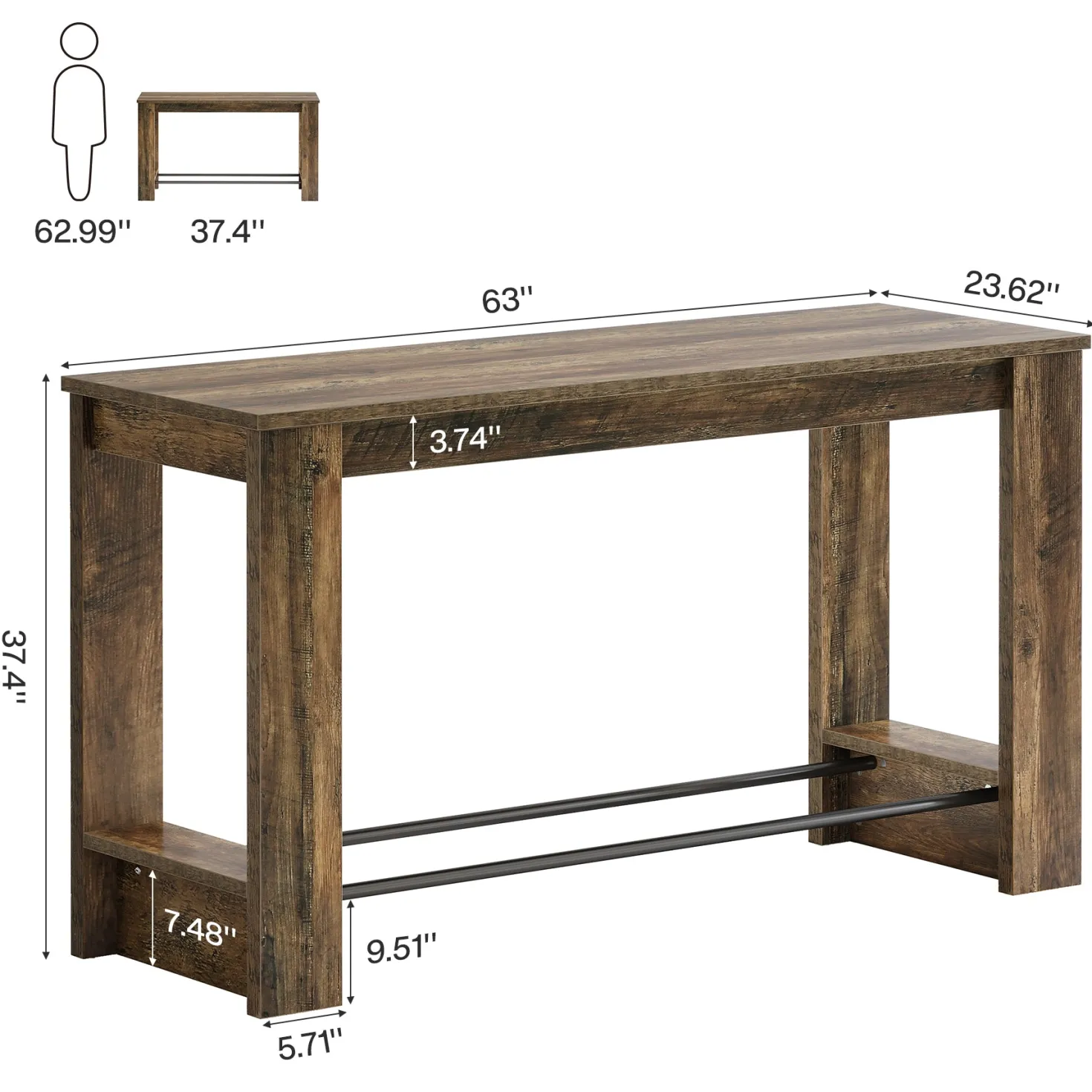 63" Bar Table Counter Height Pub Table with Metal Footrests