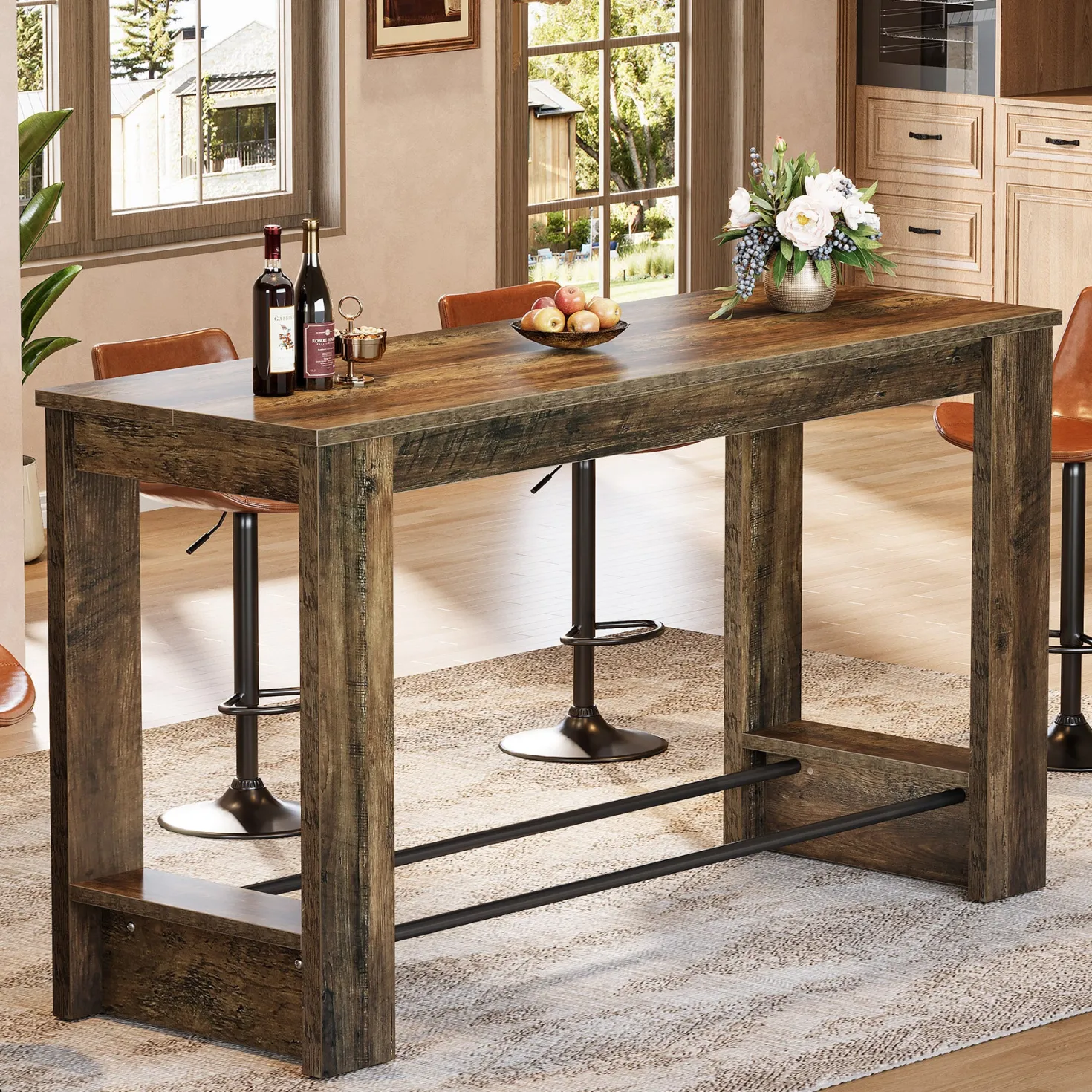 63" Bar Table Counter Height Pub Table with Metal Footrests