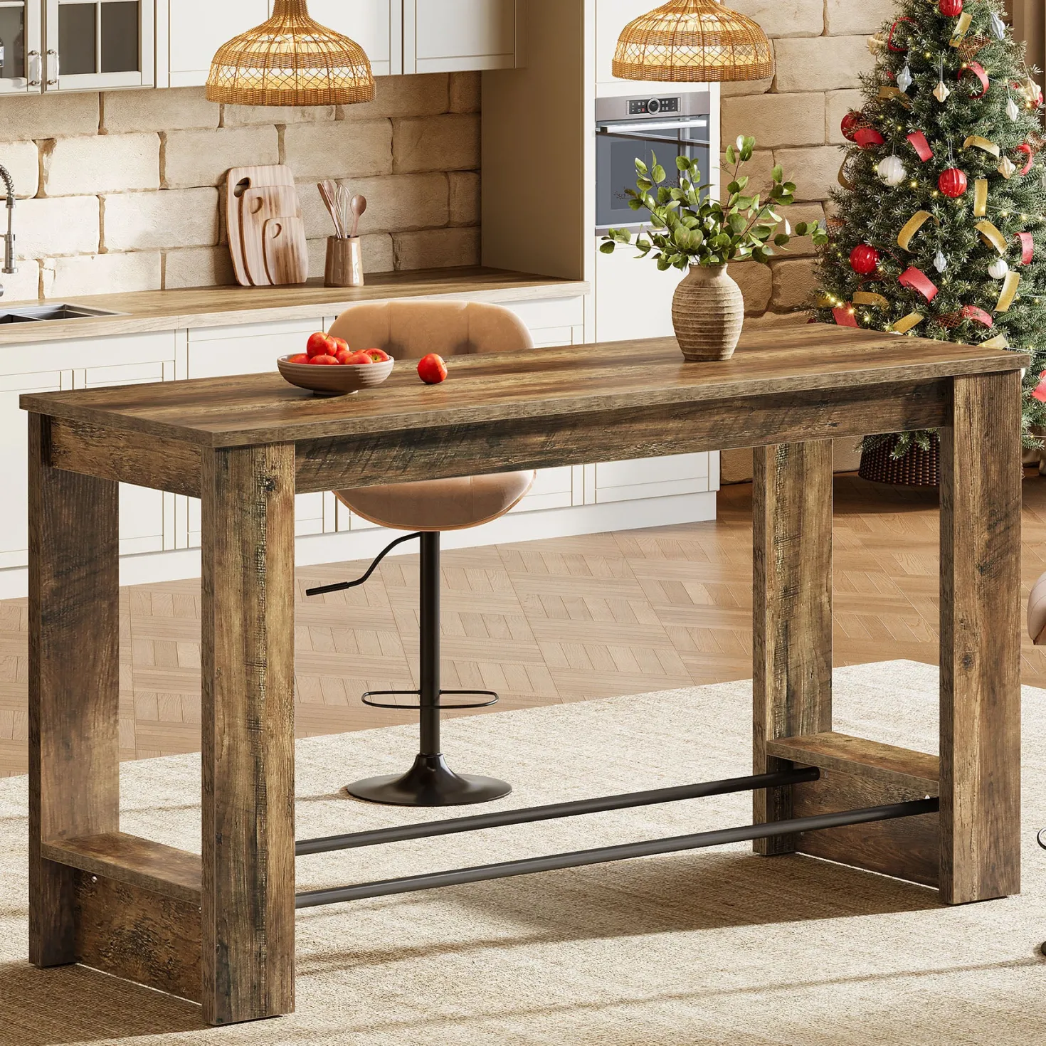63" Bar Table Counter Height Pub Table with Metal Footrests