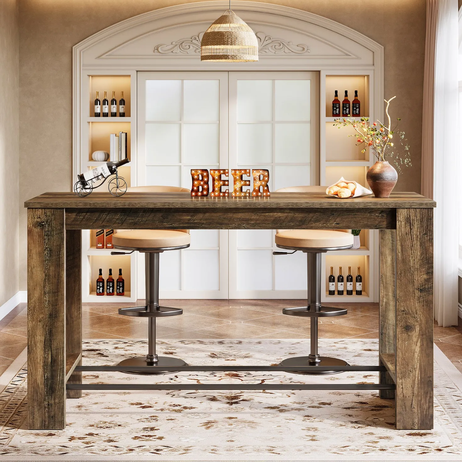 63" Bar Table Counter Height Pub Table with Metal Footrests