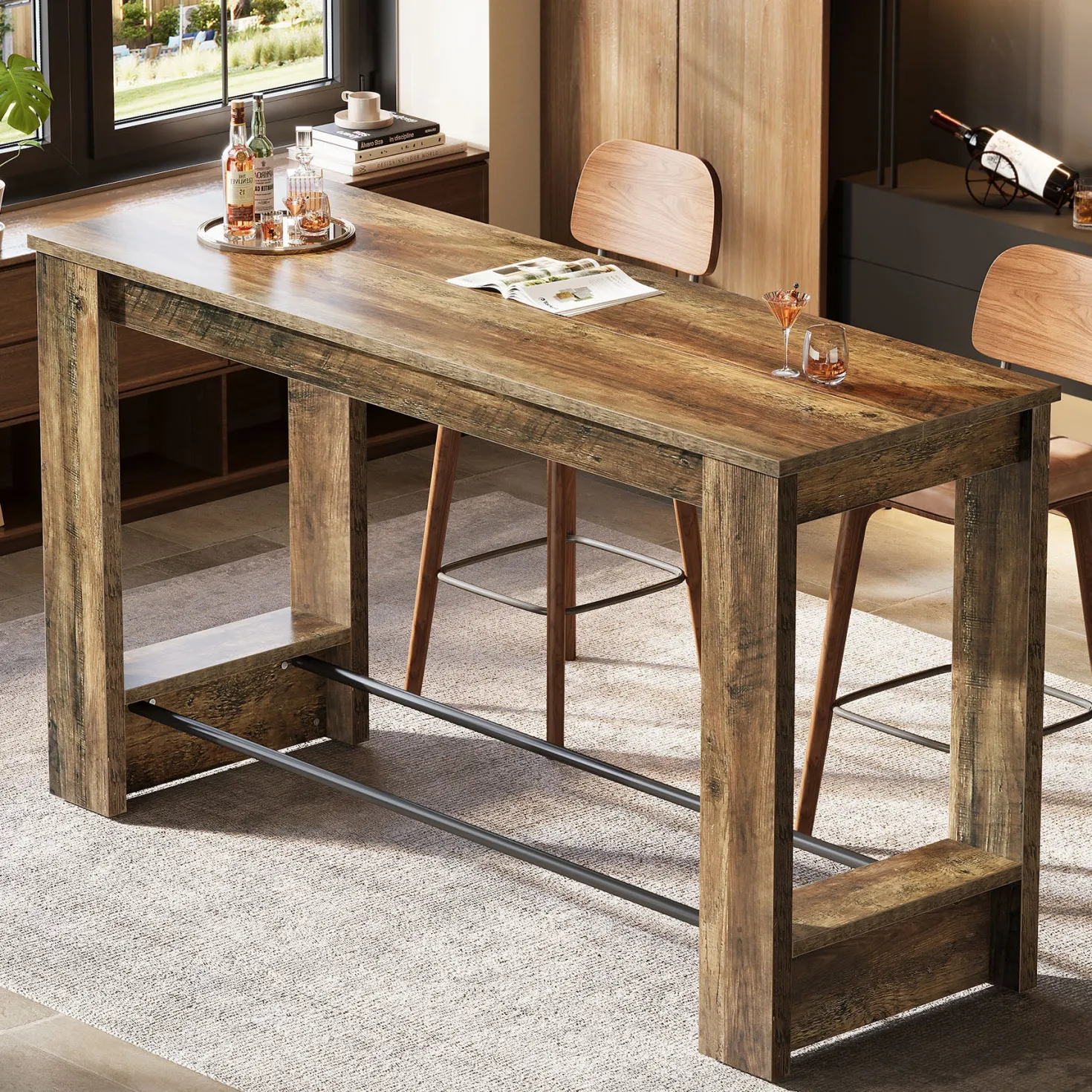 63" Bar Table Counter Height Pub Table with Metal Footrests