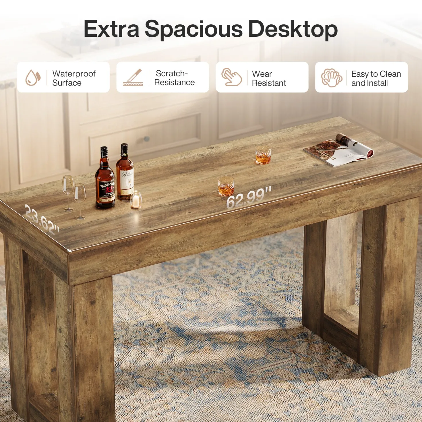63" Bar Table, Counter Height Pub Table with Sturdy Rectangular Base