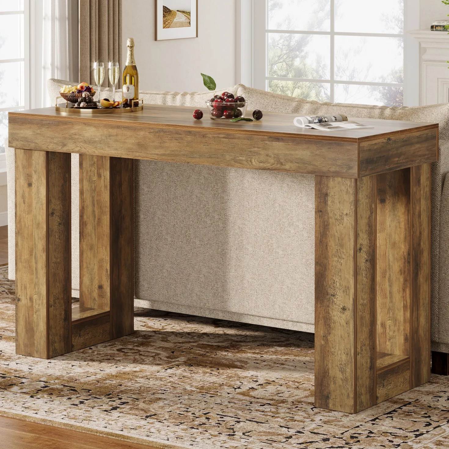 63" Bar Table, Counter Height Pub Table with Sturdy Rectangular Base