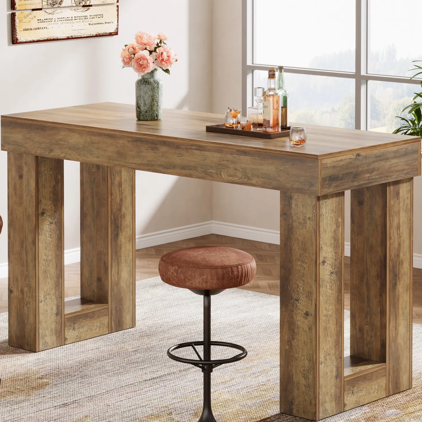 63" Bar Table, Counter Height Pub Table with Sturdy Rectangular Base