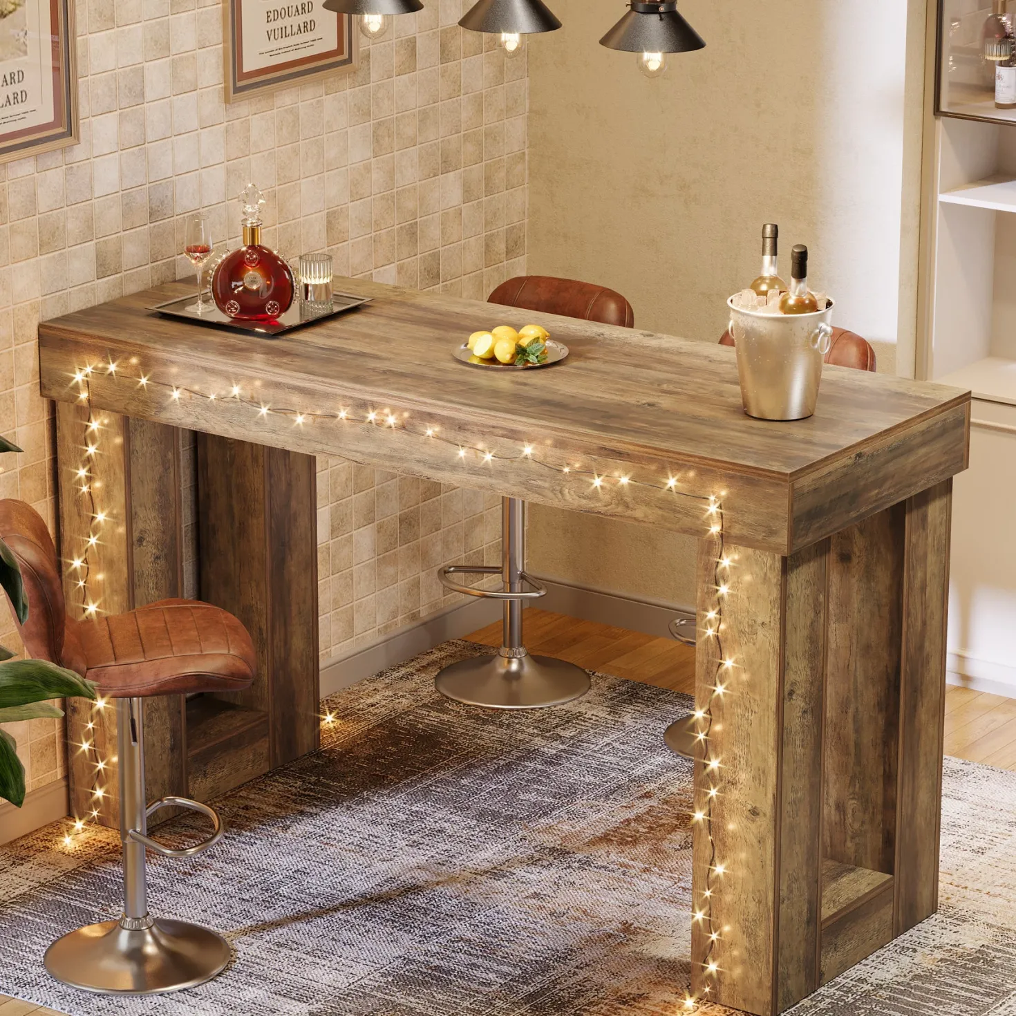 63" Bar Table, Counter Height Pub Table with Sturdy Rectangular Base
