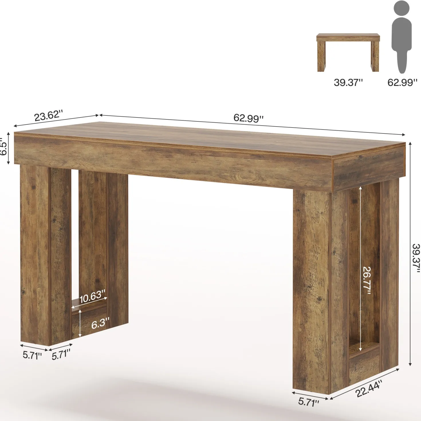 63" Bar Table, Counter Height Pub Table with Sturdy Rectangular Base