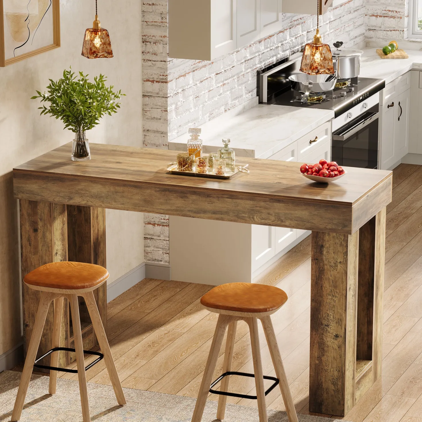 63" Bar Table, Counter Height Pub Table with Sturdy Rectangular Base