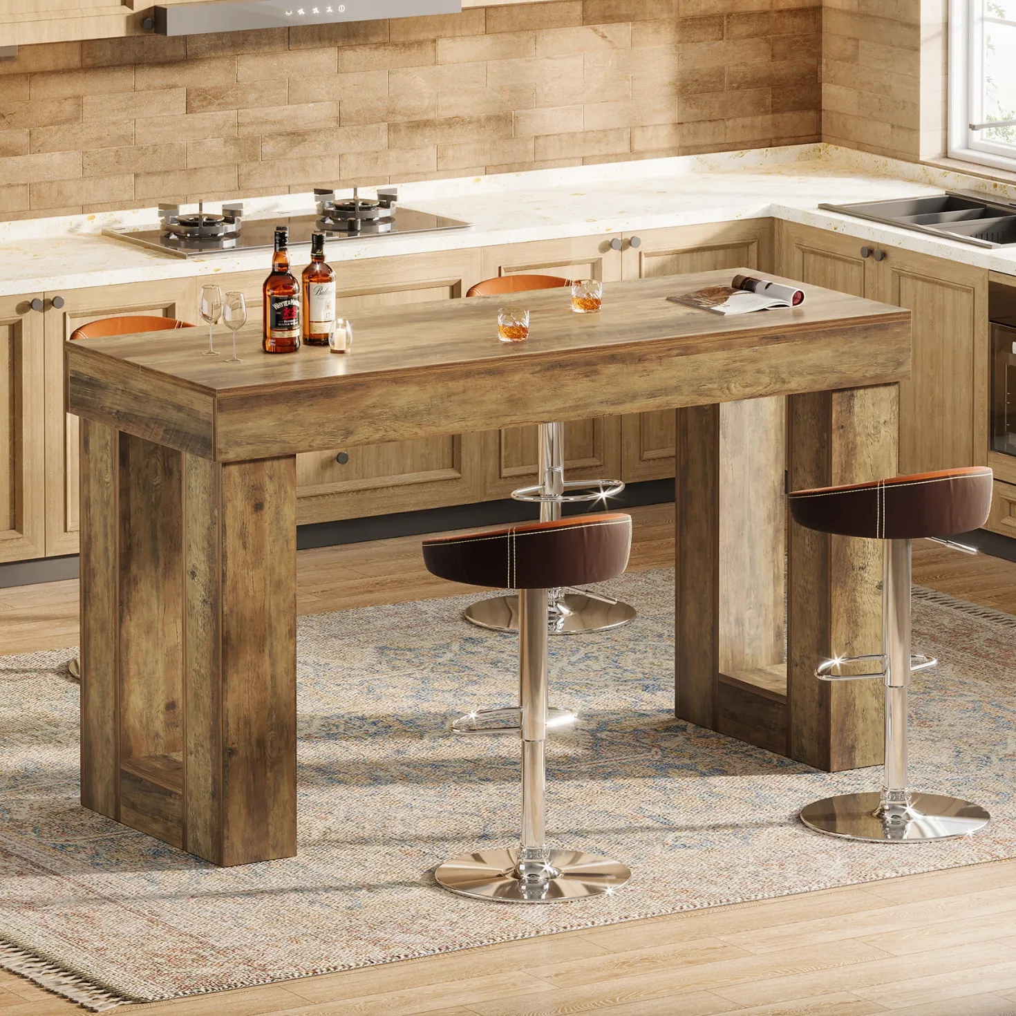 63" Bar Table, Counter Height Pub Table with Sturdy Rectangular Base
