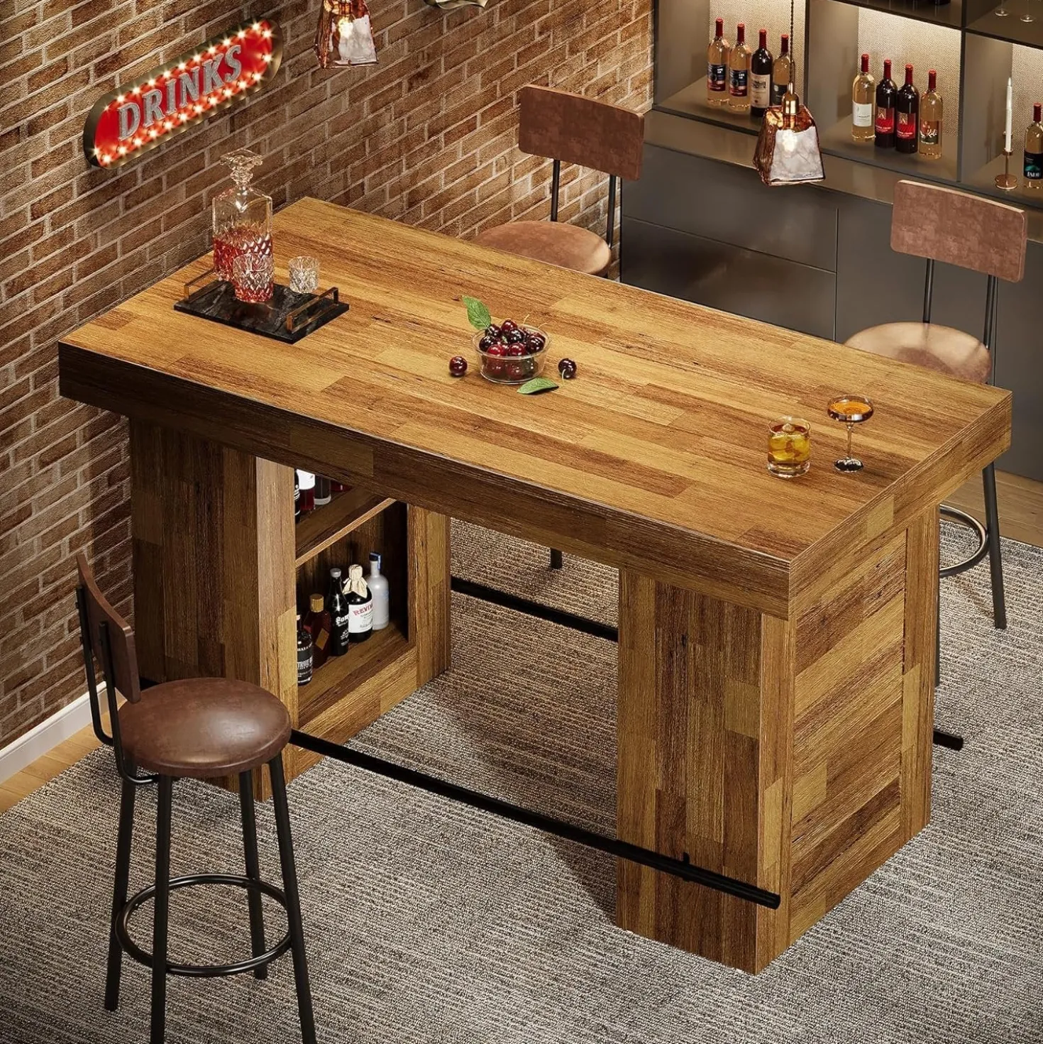 63" Bar Table, Counter Height Pub Table Home Bar Units with Storage