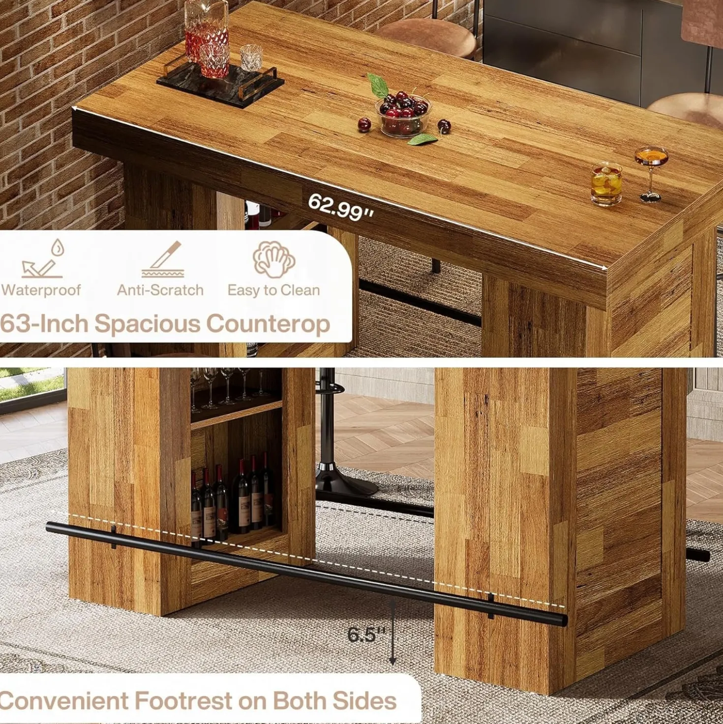 63" Bar Table, Counter Height Pub Table Home Bar Units with Storage