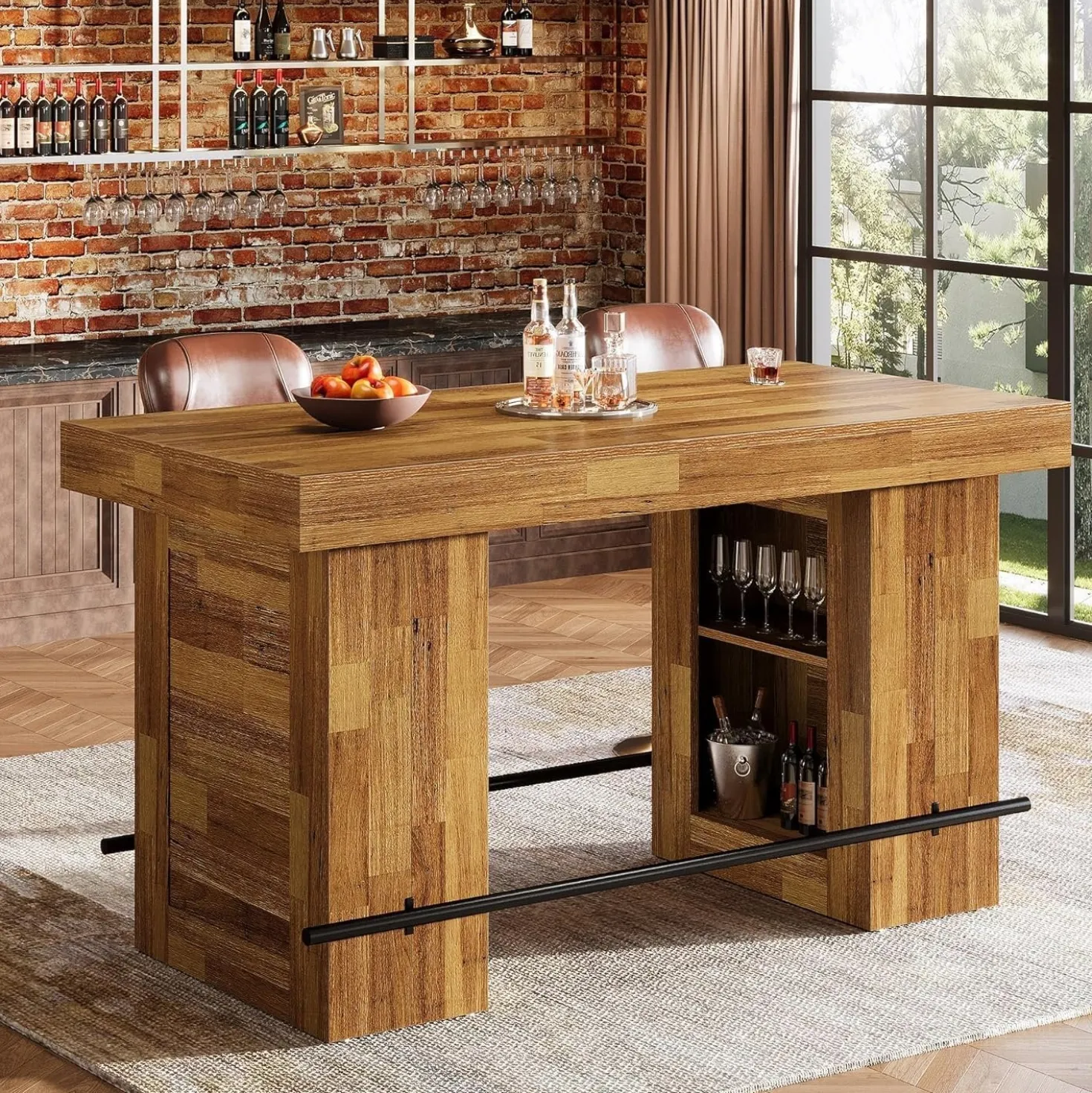 63" Bar Table, Counter Height Pub Table Home Bar Units with Storage