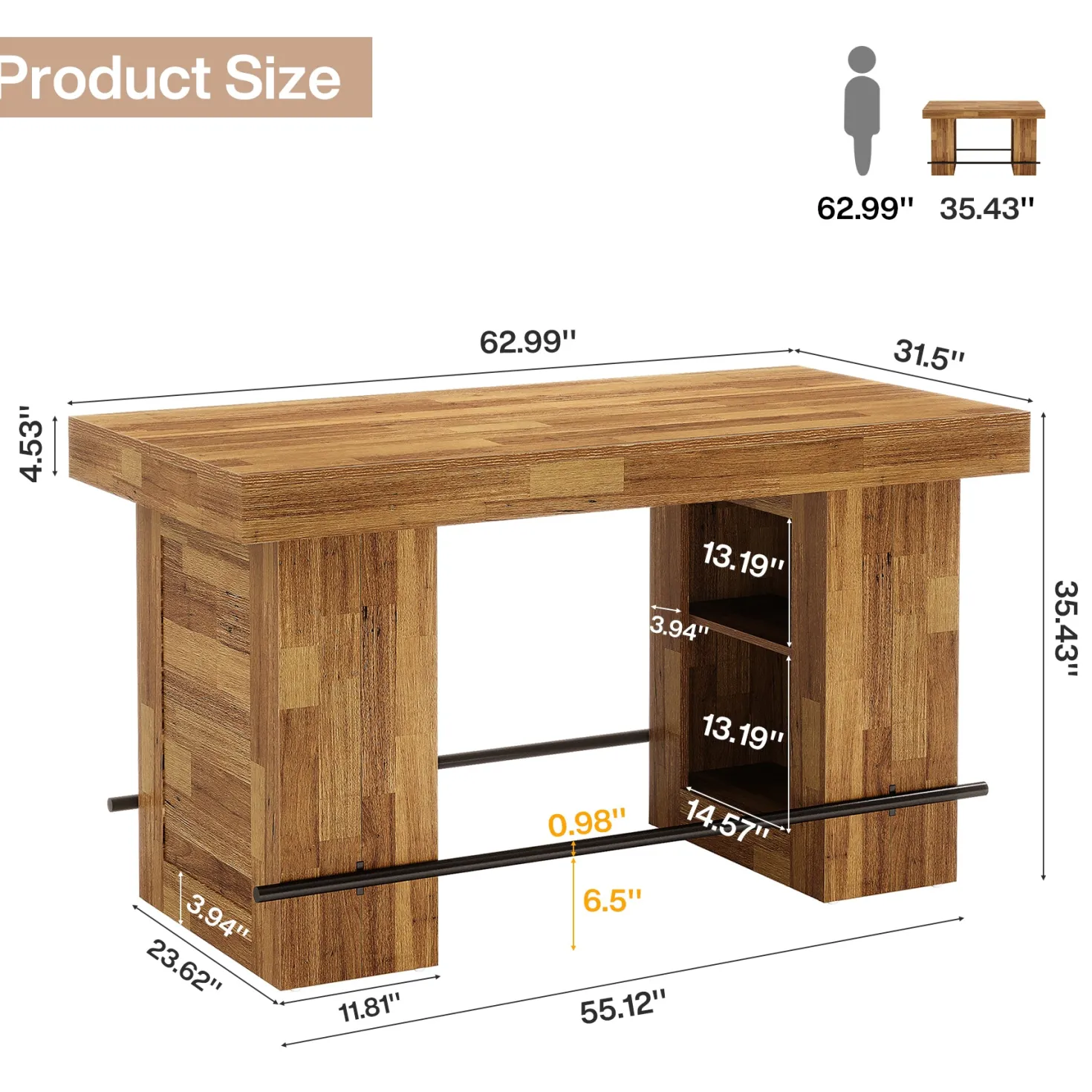 63" Bar Table, Counter Height Pub Table Home Bar Units with Storage