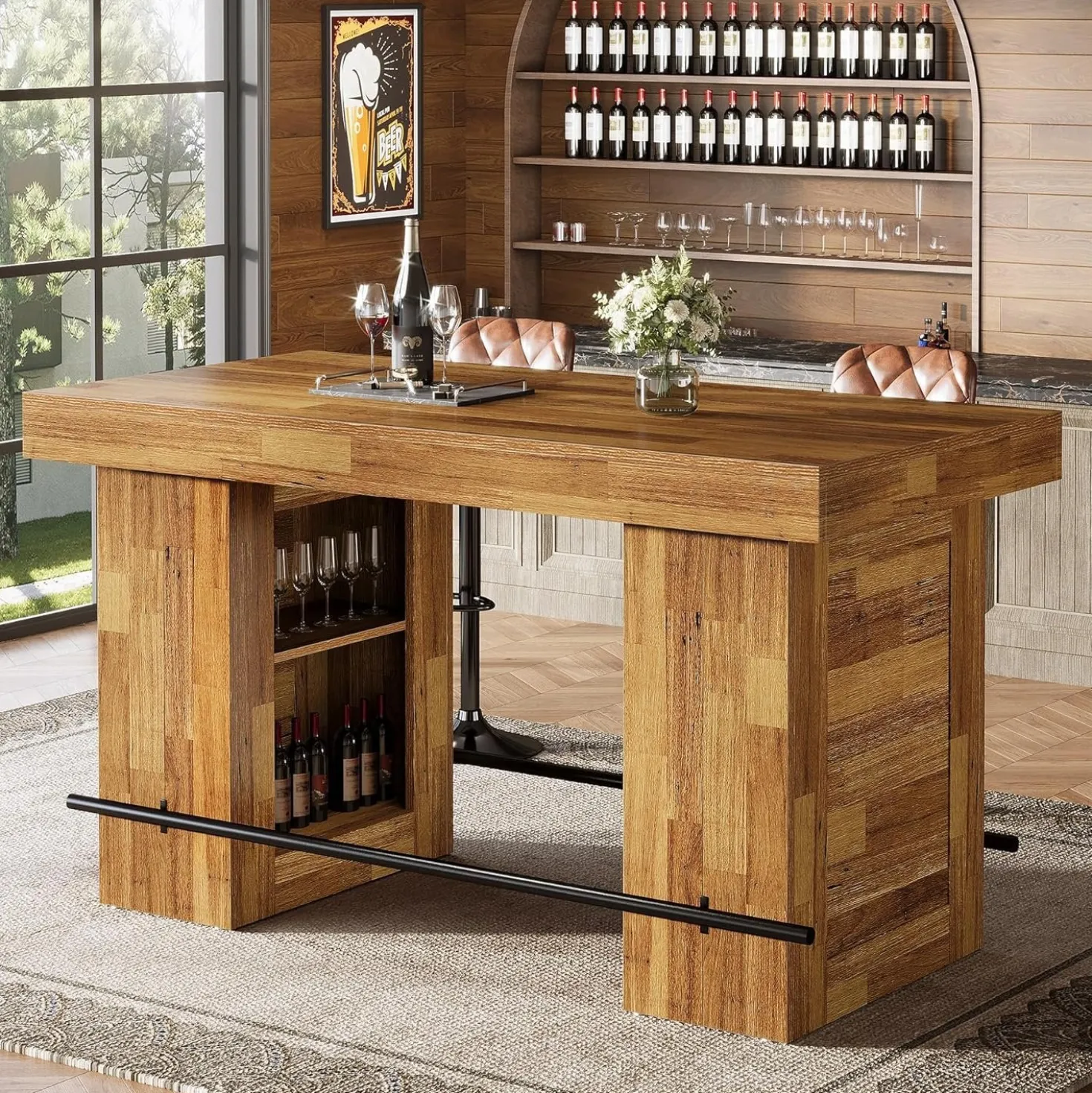 63" Bar Table, Counter Height Pub Table Home Bar Units with Storage