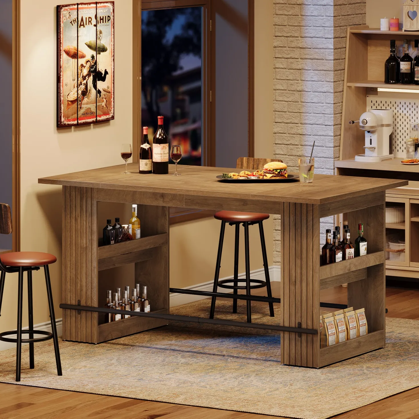 63" Bar Table, Counter Height Pub Dining Table with Storage Shelve Home Bar Units