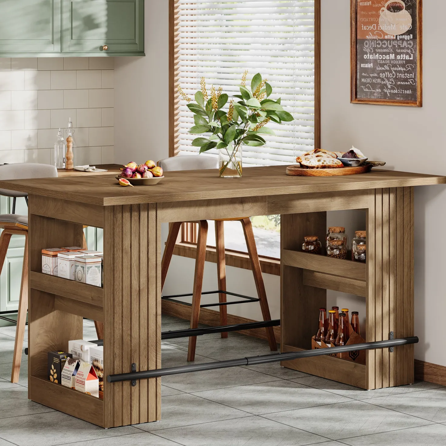 63" Bar Table, Counter Height Pub Dining Table with Storage Shelve Home Bar Units