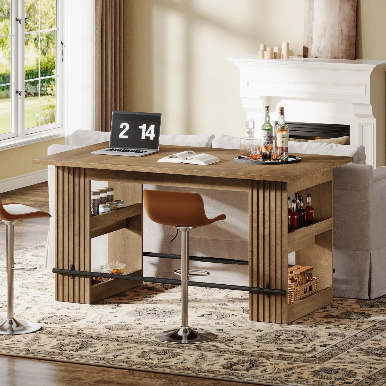 63" Bar Table, Counter Height Pub Dining Table with Storage Shelve Home Bar Units