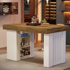 55" Bar Table, Farmhouse Counter Height Table with 3-Tier Storage Shelves