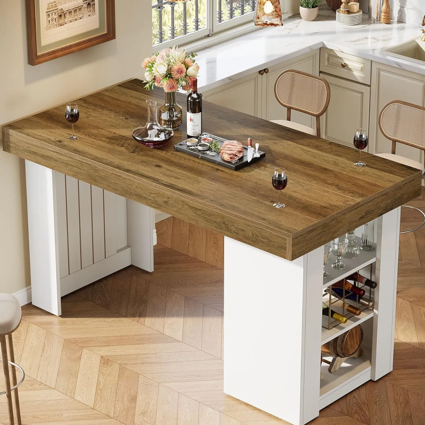 55" Bar Table, Farmhouse Counter Height Table with 3-Tier Storage Shelves