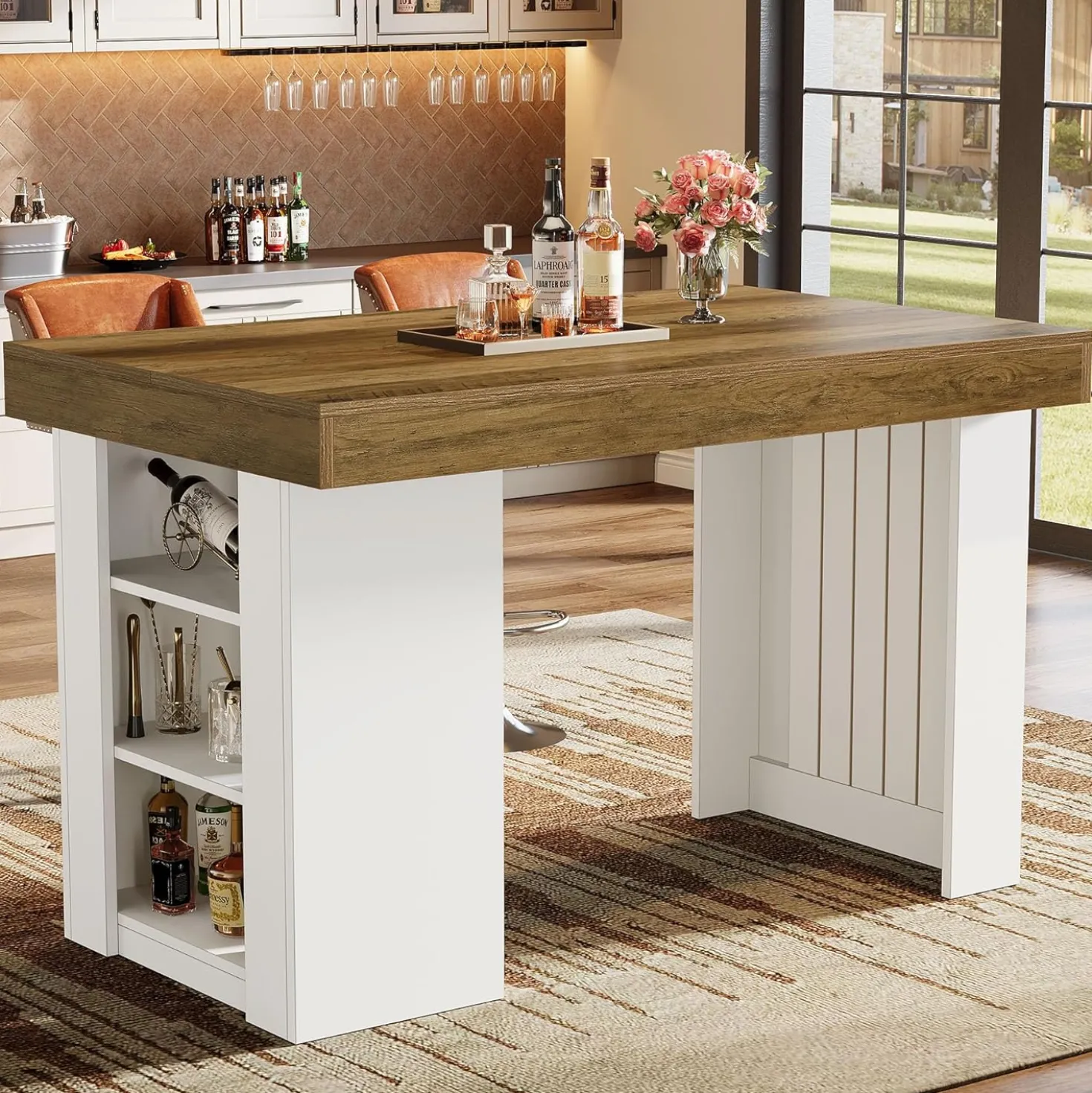 55" Bar Table, Farmhouse Counter Height Table with 3-Tier Storage Shelves