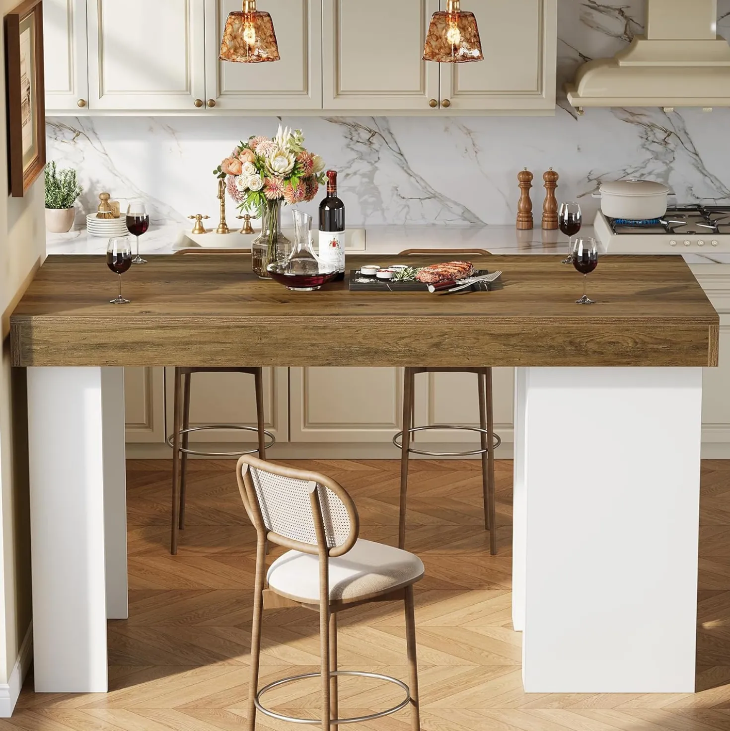 55" Bar Table, Farmhouse Counter Height Table with 3-Tier Storage Shelves
