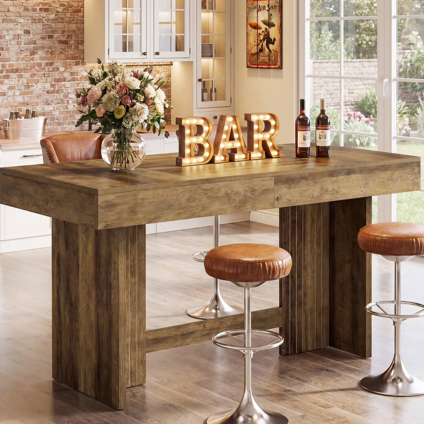 55" Bar Table, Farmhouse High-Top Pub Table with Large Worktop for Bistro