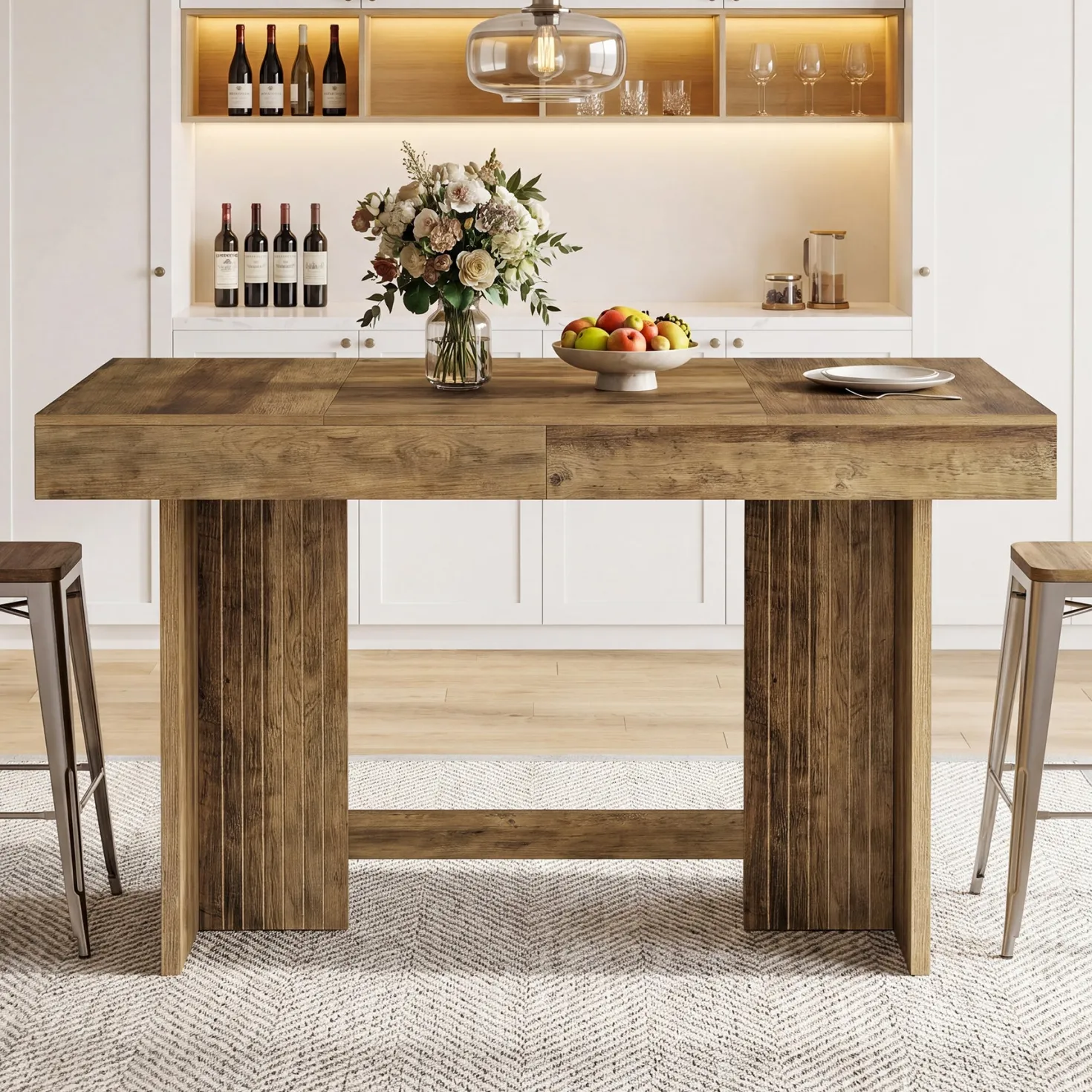 55" Bar Table, Farmhouse High-Top Pub Table with Large Worktop for Bistro