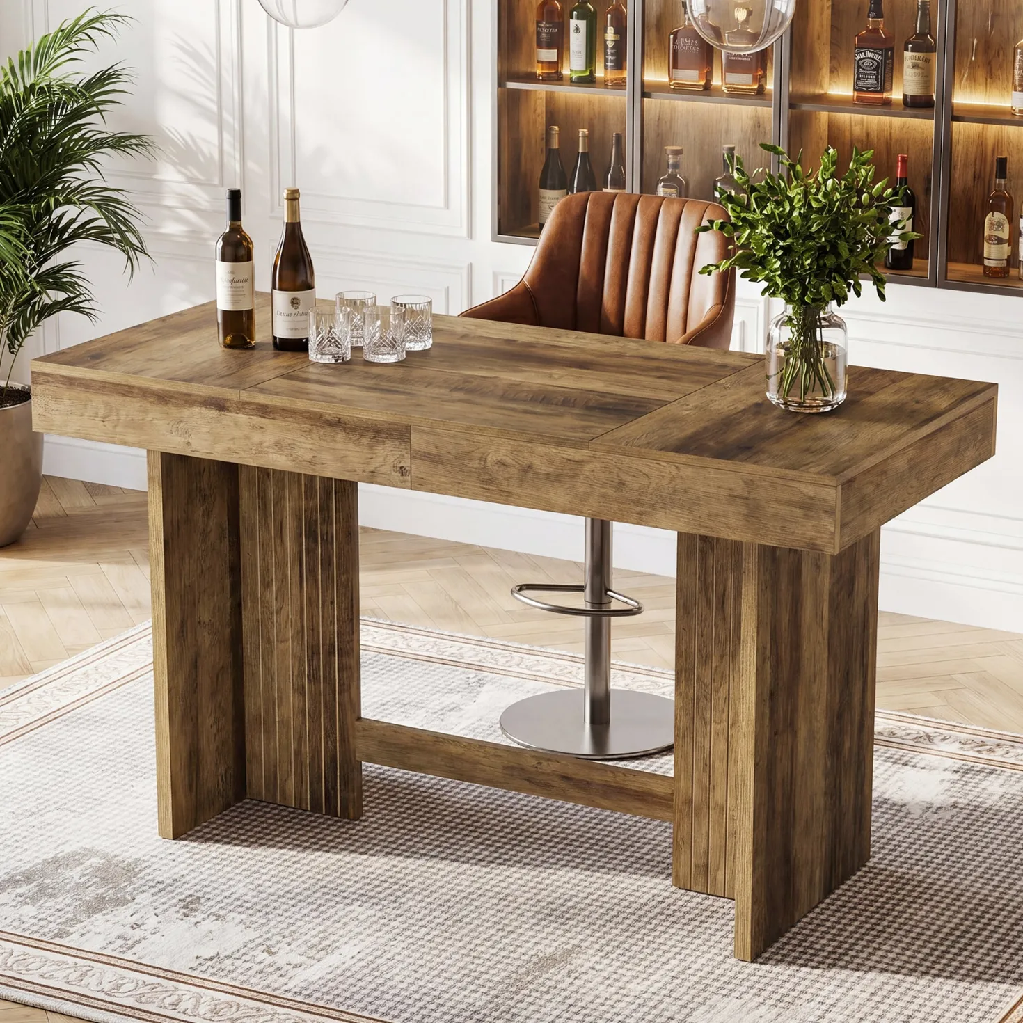 55" Bar Table, Farmhouse High-Top Pub Table with Large Worktop for Bistro