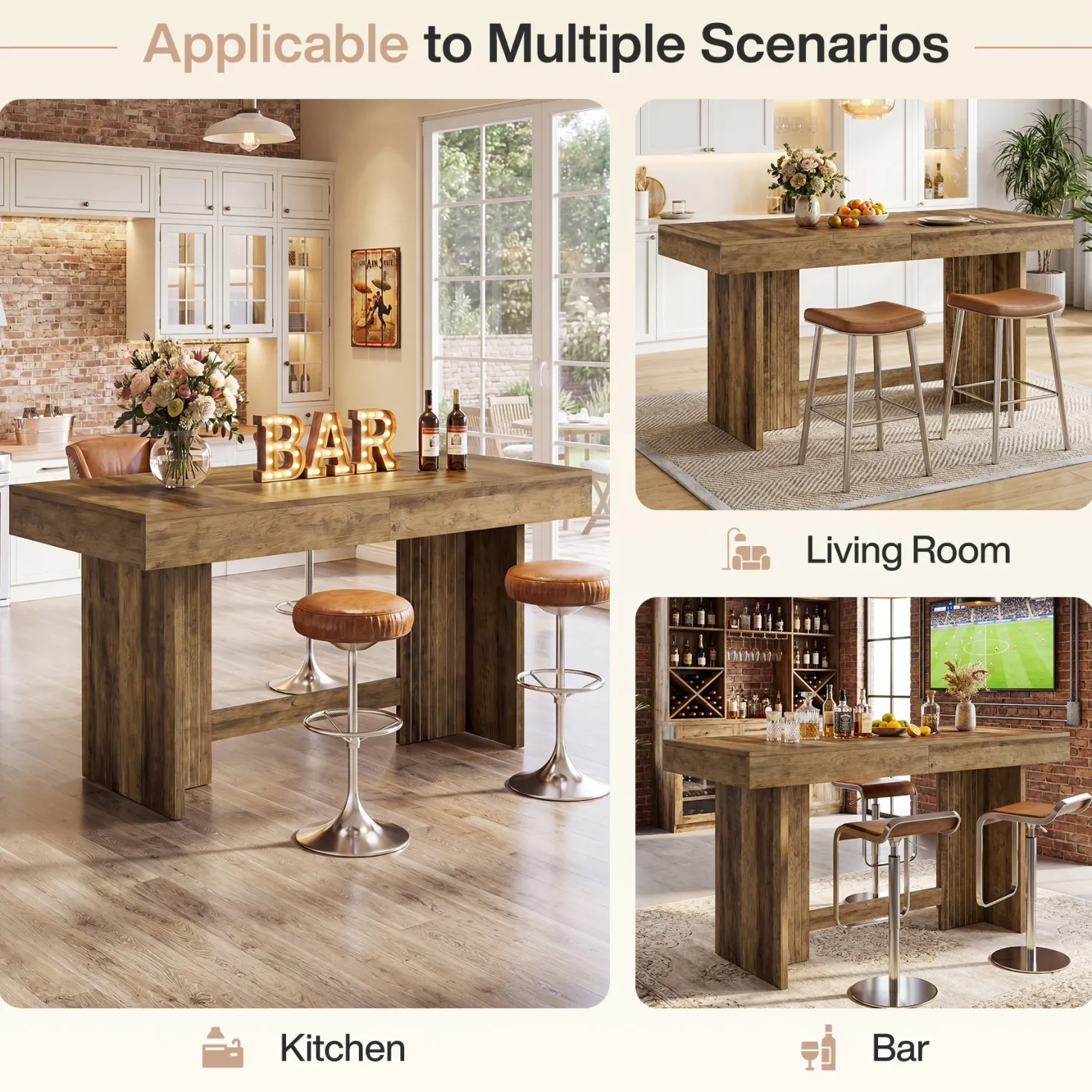 55" Bar Table, Farmhouse High-Top Pub Table with Large Worktop for Bistro