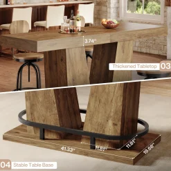 62.99" Bar Table for 4-6, Rectangle Counter Height Pub Table with Metal Footrest