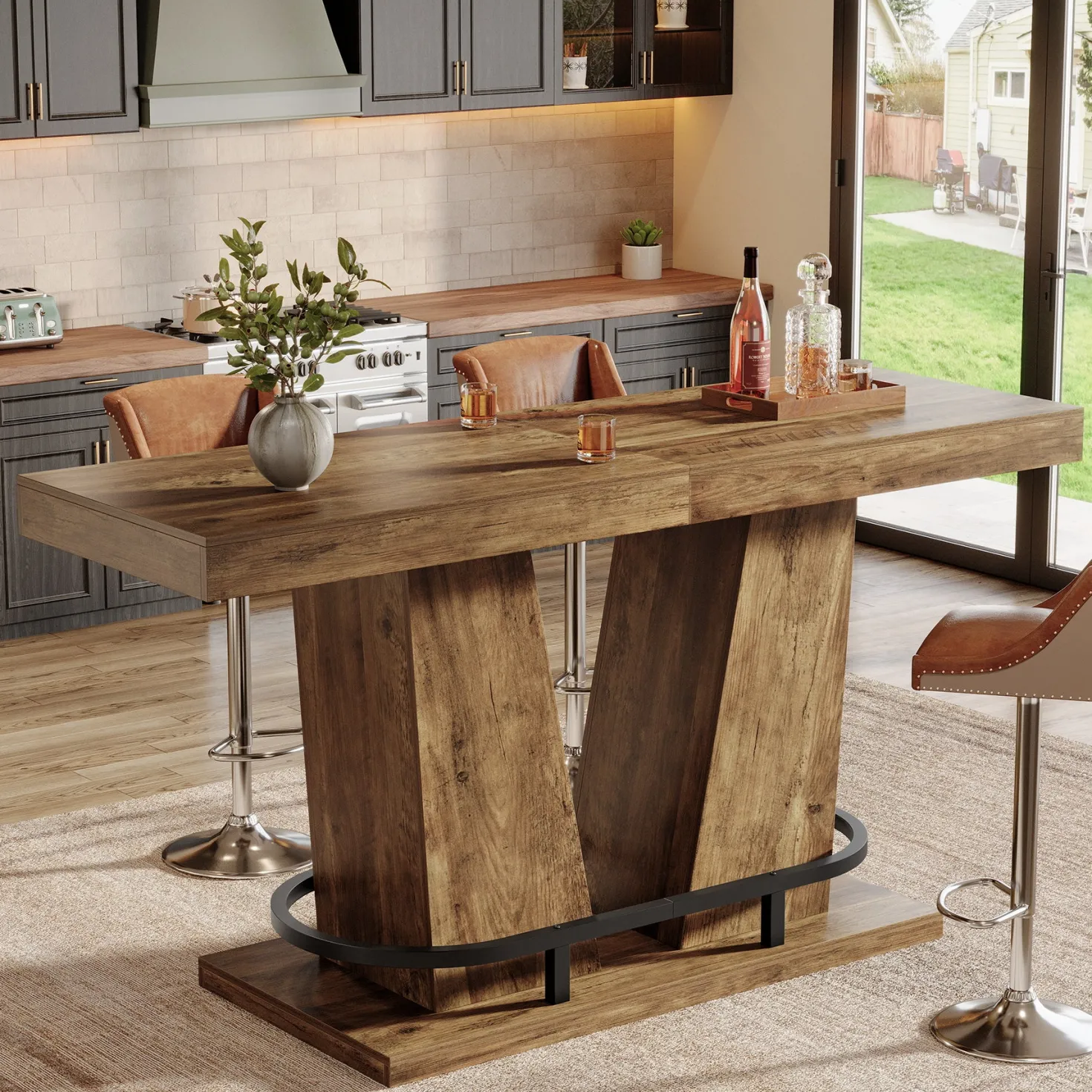 62.99" Bar Table for 4-6, Rectangle Counter Height Pub Table with Metal Footrest