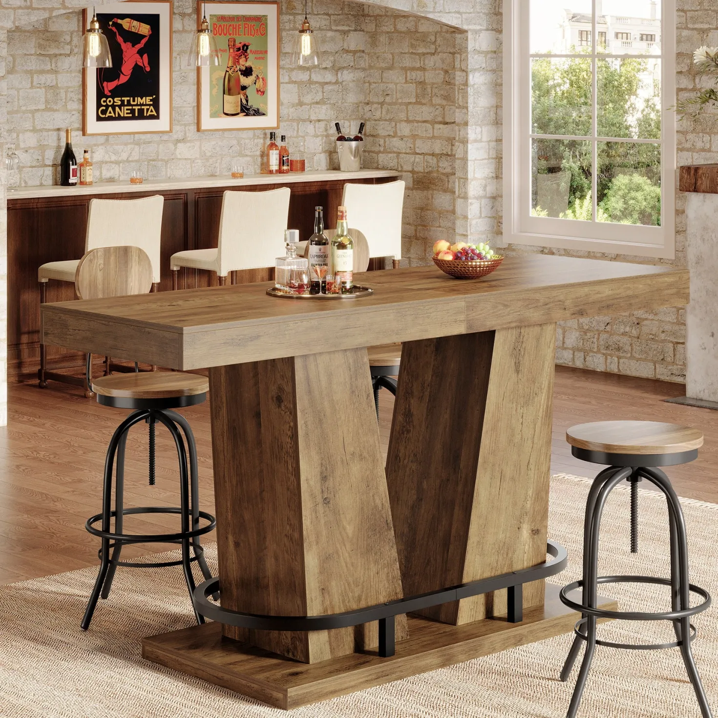 62.99" Bar Table for 4-6, Rectangle Counter Height Pub Table with Metal Footrest