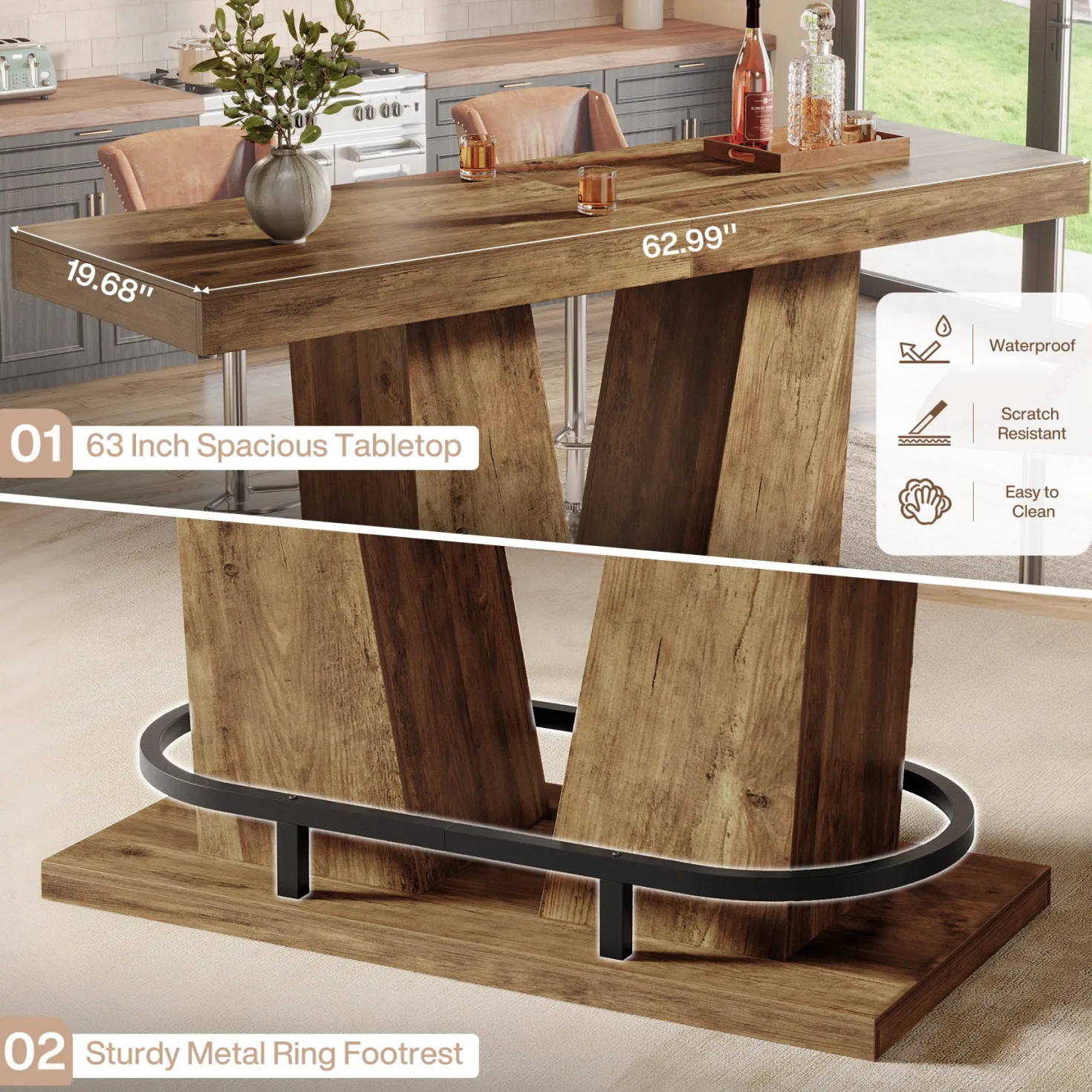 62.99" Bar Table for 4-6, Rectangle Counter Height Pub Table with Metal Footrest