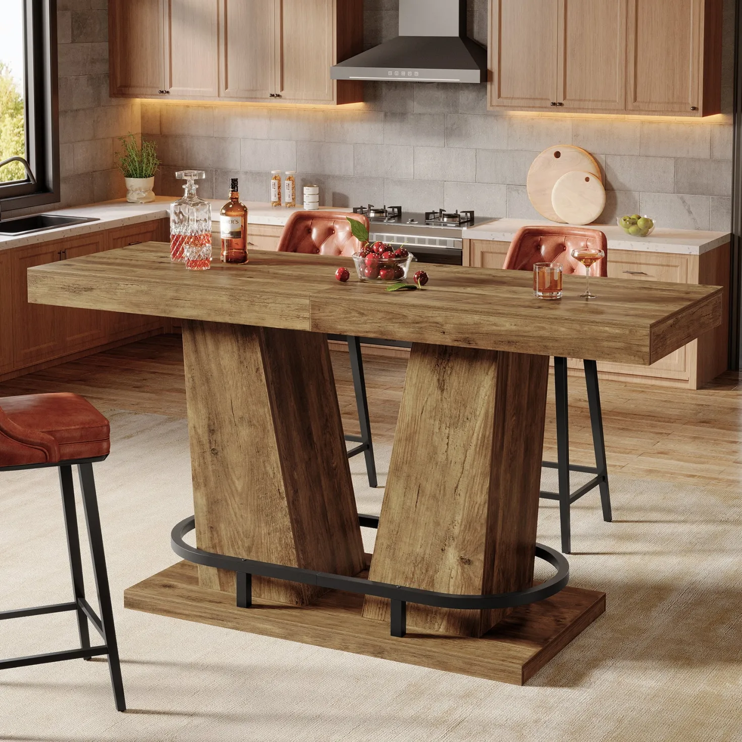 62.99" Bar Table for 4-6, Rectangle Counter Height Pub Table with Metal Footrest