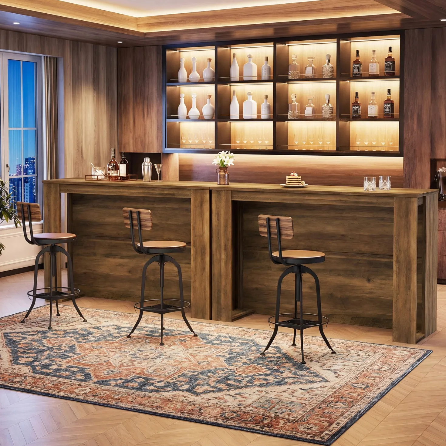 55" Bar Table, High Top Large Home Bar Unit Table with 2-Tier Shelves