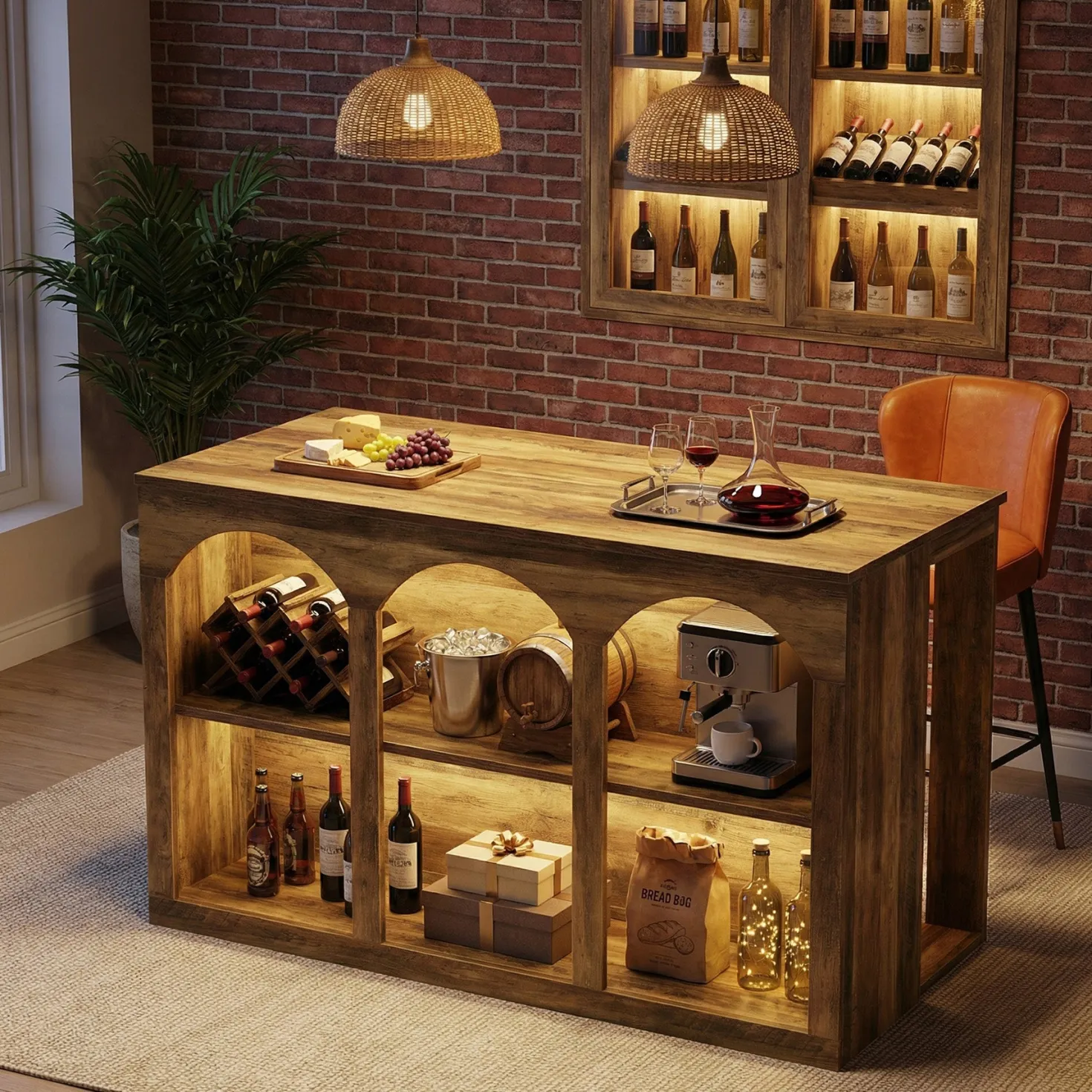 55" Bar Table, High Top Large Home Bar Unit Table with 2-Tier Shelves