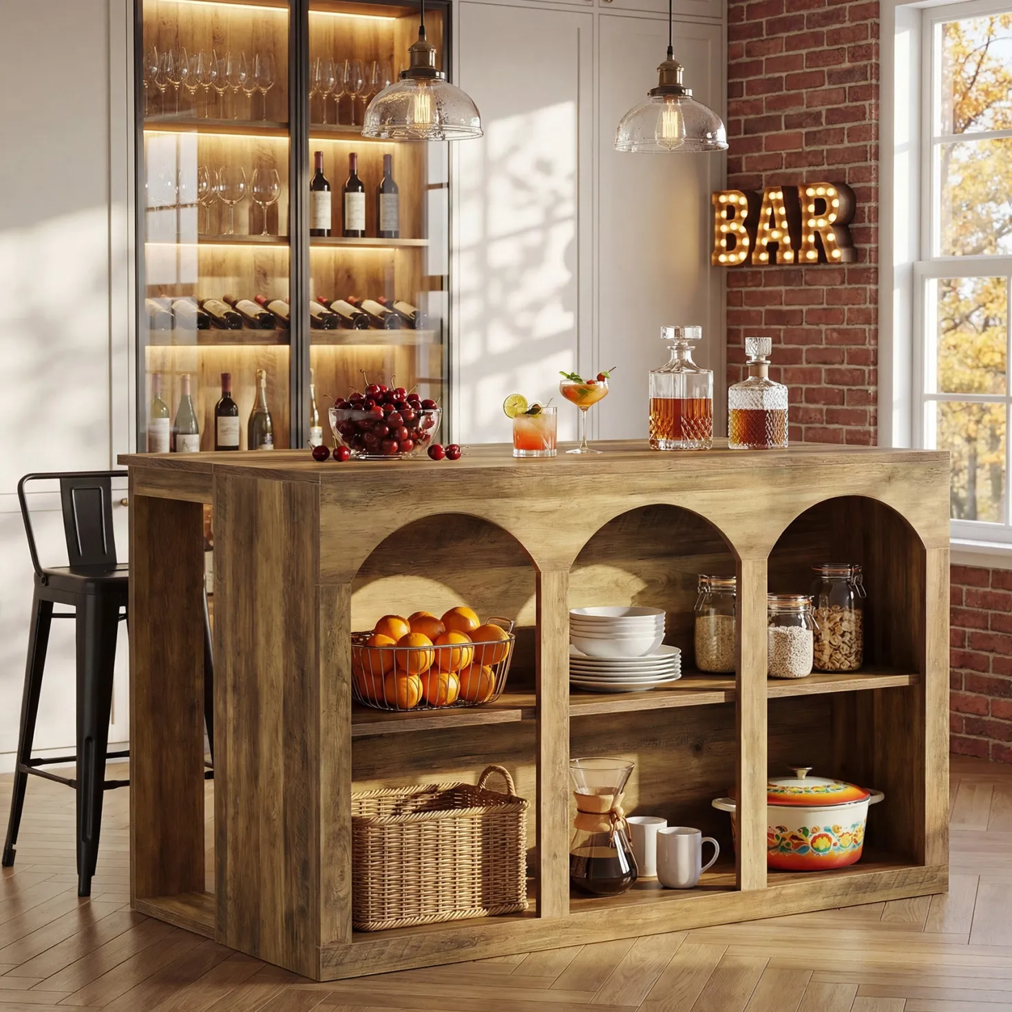 55" Bar Table, High Top Large Home Bar Unit Table with 2-Tier Shelves
