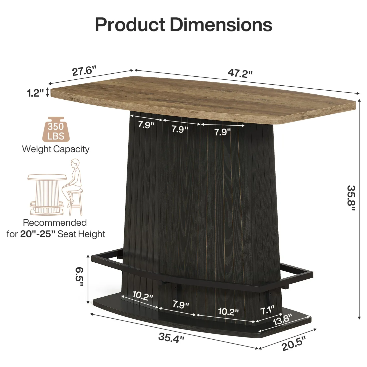 47" Bar Table, Industrial Counter Height Pub Table with Fluted Pedestal Base