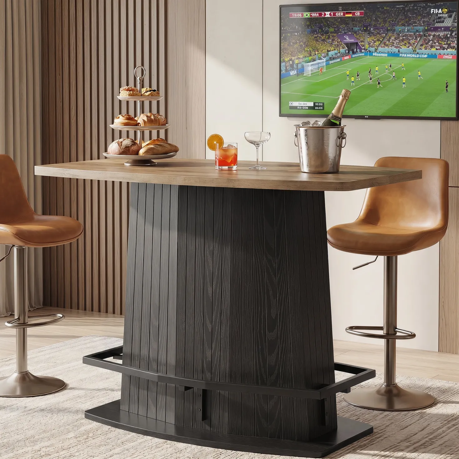 47" Bar Table, Industrial Counter Height Pub Table with Fluted Pedestal Base