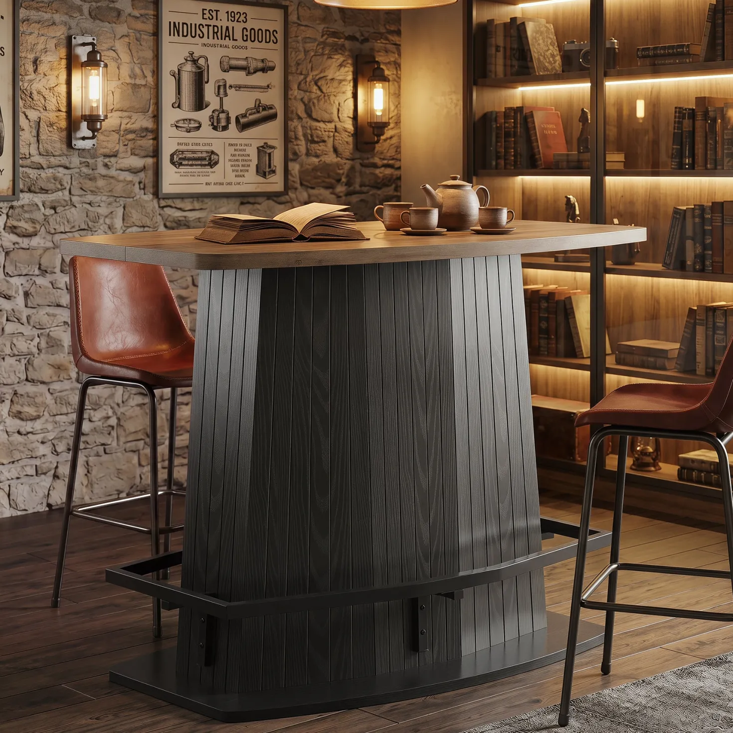 47" Bar Table, Industrial Counter Height Pub Table with Fluted Pedestal Base
