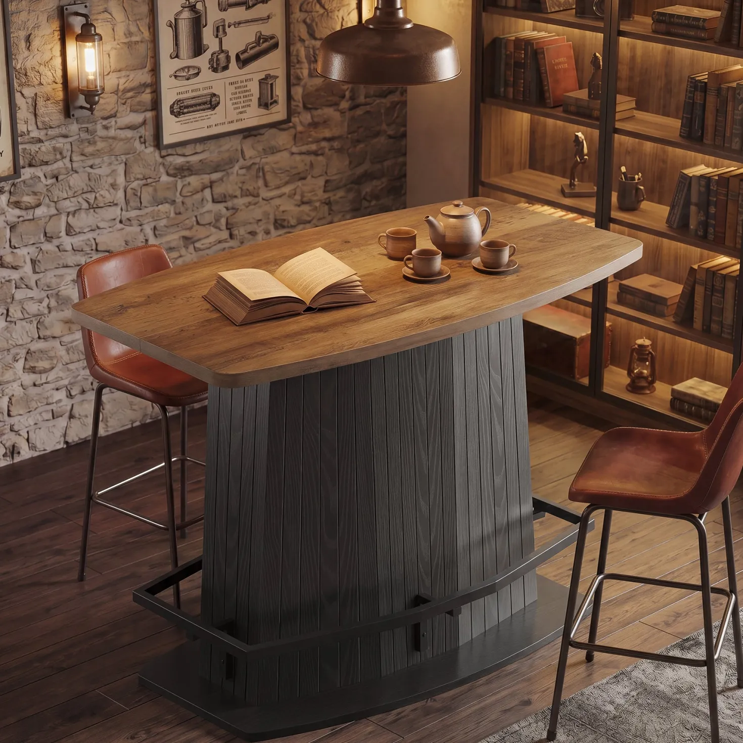 47" Bar Table, Industrial Counter Height Pub Table with Fluted Pedestal Base