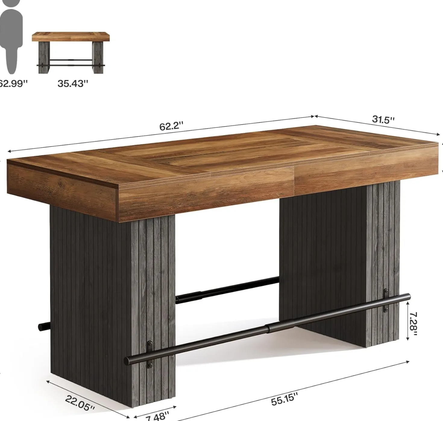 62.2" Bar Table, Industrial Counter Height Pub Dining Table