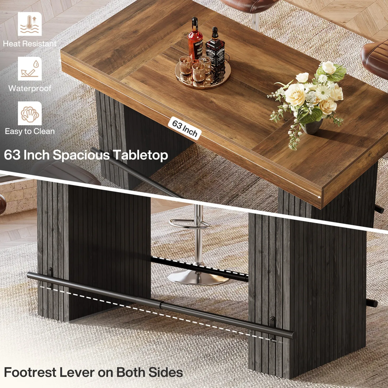 62.2" Bar Table, Industrial Counter Height Pub Dining Table